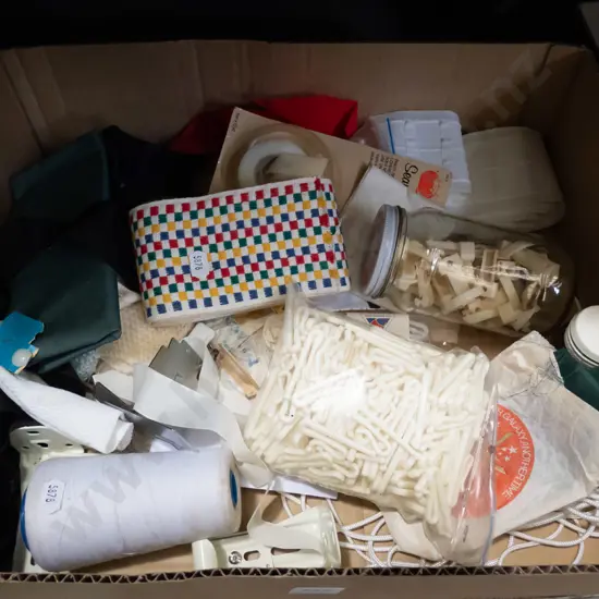 box; curtain hooks, threads, tape measure etc