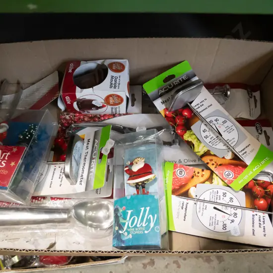 box; as-new meat thermometers, bottle stoppers, baking moulds etc