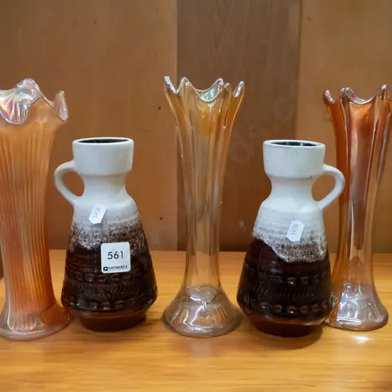2 German pottery vases & 3 orange glass lusture vases
