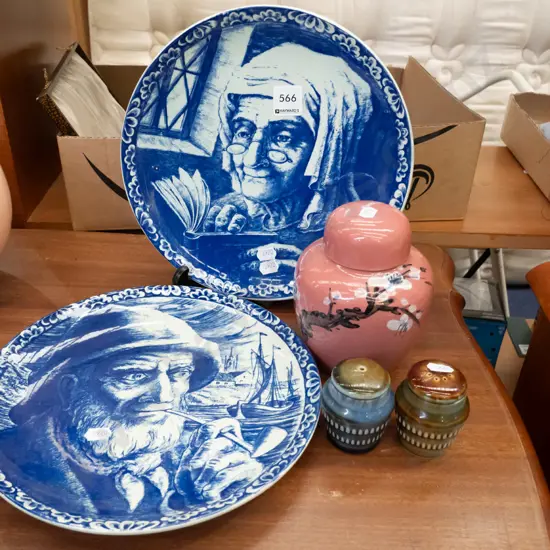 2x Belgium blue & white plates, ginger jar, IP salt & pepper