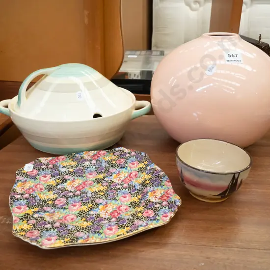 Royal Winton AOF plate, Suzie Copper lidded vege with wear & hairline crack to base, pink vase & small dish