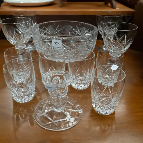 crystal bowl, wine glasses, candle stick, sherry glasses