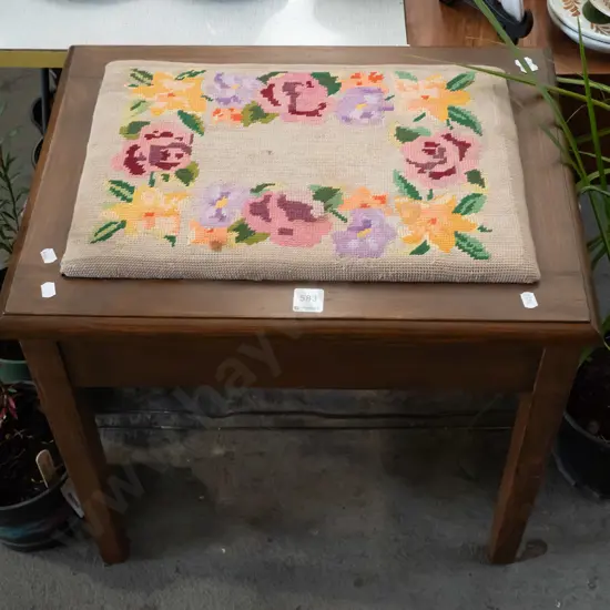 wood & needlework upholstered sewing box/piano stool