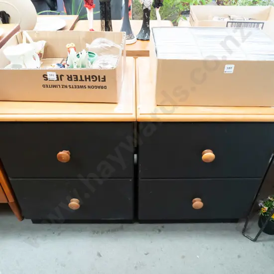 pair of wood & mdf 2 drawer bedside cabinets - handles & varnish need attention