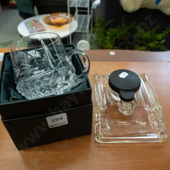 vintage glass inkwell, Irish crystal christening mug