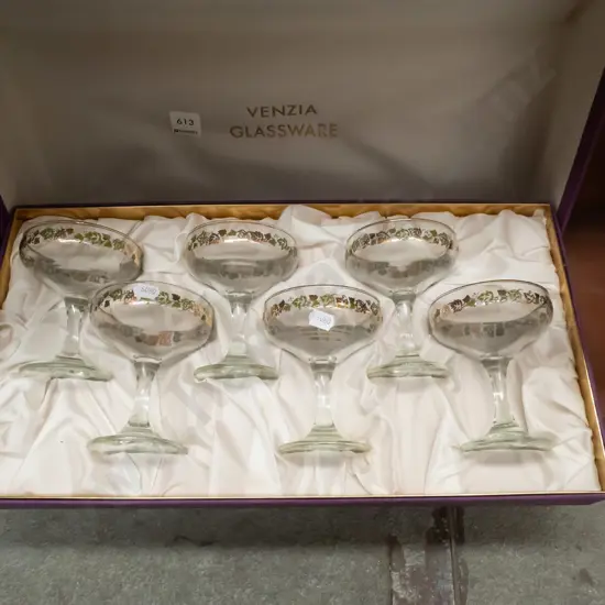box of 6 decorative etched champagne glasses