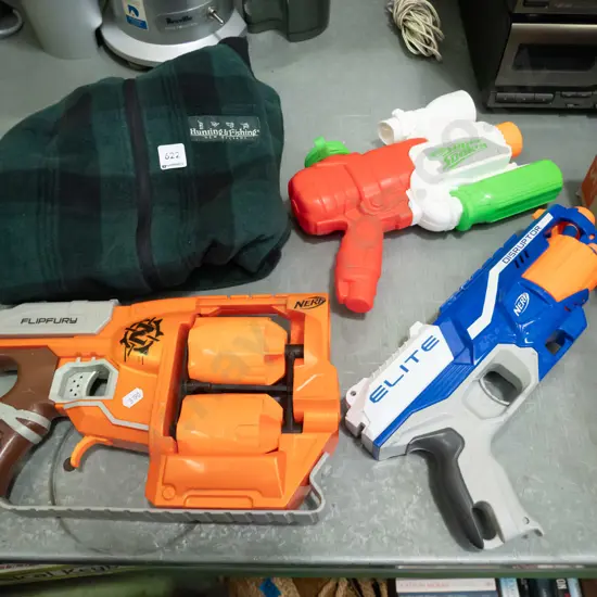 childs Hunting and Fishing hoodie, 2x Nerf guns, water pistol