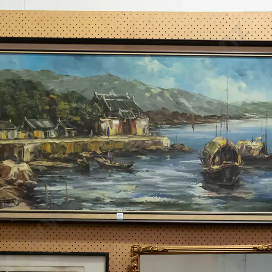 large framed oil on board - Asian fishing village