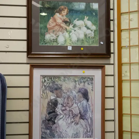 framed Frances Hodgkins print, framed print - feeding rabbits - yellow dots