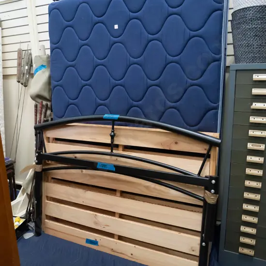 double slat bed base with metal headboard and mattress