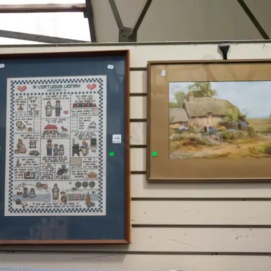 framed cottage print , framed needlework - green dots