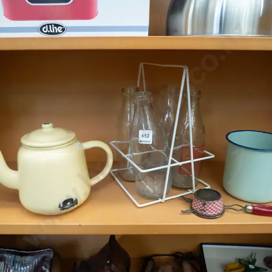 large enamel cup, tea pot, milk bottles etc