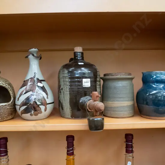 shelf; pottery jugs, bottle, canister etc