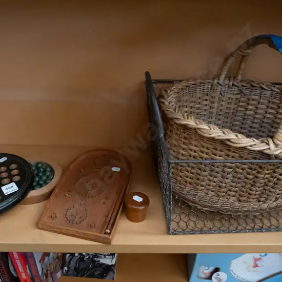 shelf; cane basket, metal basket, miniature bagatelle game etc