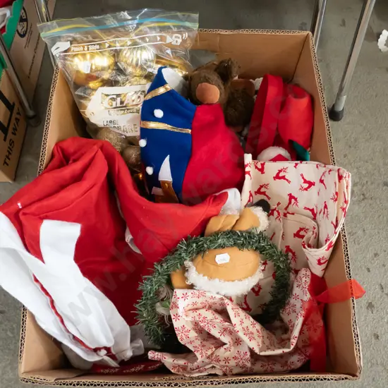 box; Xmas decorations, Santa sacks etc