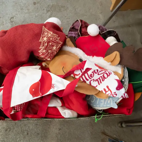 box; Xmas deocorations, hats, bunting etc