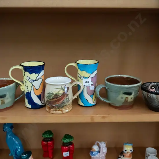 shelf; Robert Gordan cup, studio pottery cups, bowl