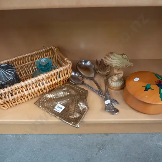 shelf; plated servers, fish themed ashtray, Oroton clutch purse etc
