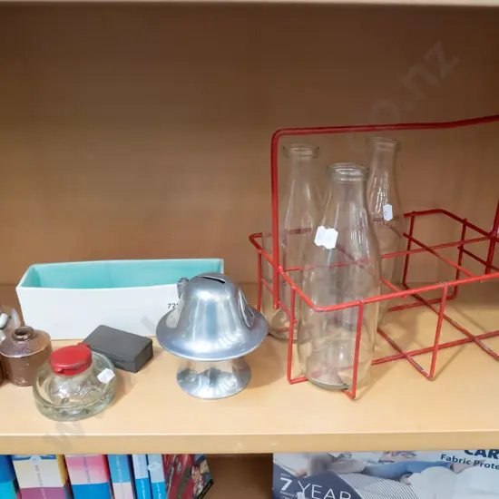 shelf; milk bottles, OC Stepehs trough vase - crack, ink bottles etc
