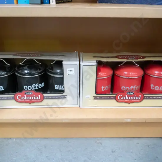 2x box sets of Colonial tea, coffee and sugar canisters