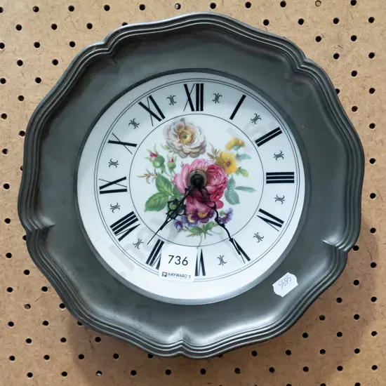 ceramic and pewter floral wall clock