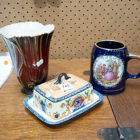 Carlton Rouge Royale vase, Limoges beer mug, cover dish