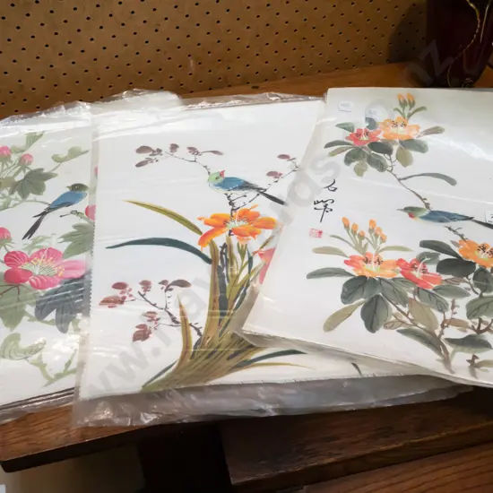 unframed Asian watercolours on fabric