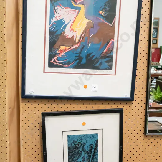 Carter '94 and '95 - 2 framed woodblock prints - need attention - orange dots