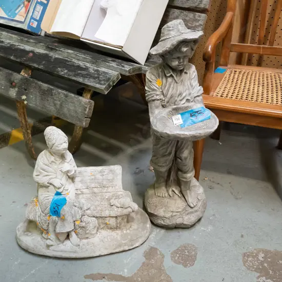 2x concrete garden ornaments  - woman on bench seat, boy with bowl (hole) H-580