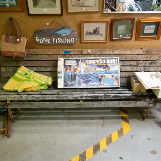 very long wood and metal garden bench seat L-2450 H-830