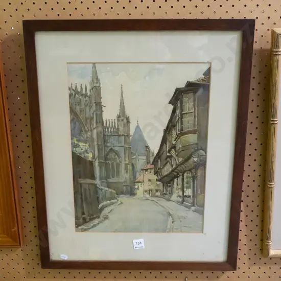 framed watercolour - street and cathedral
