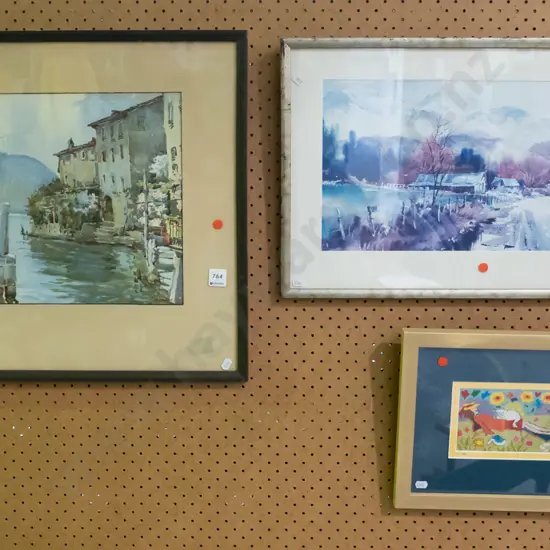 2x framed prints, framed needlework - red dots