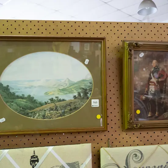 2x framed prints - historic Dunedin Harbour, Sir John Sinclair - yellow dots