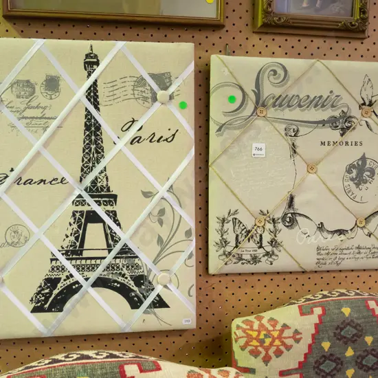 2x French themed upholstered wall mounted stationery display boards
