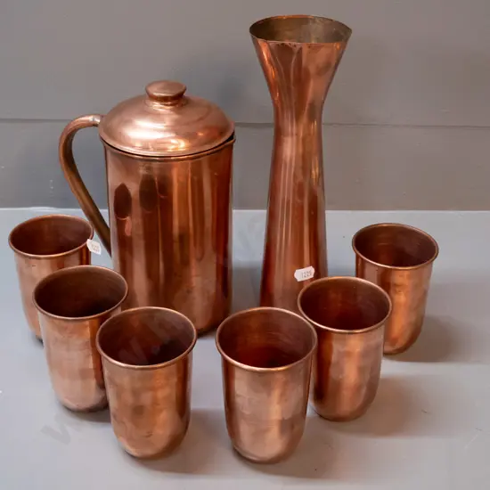 copper items - water set with jug and 6 cups and a vase H-270