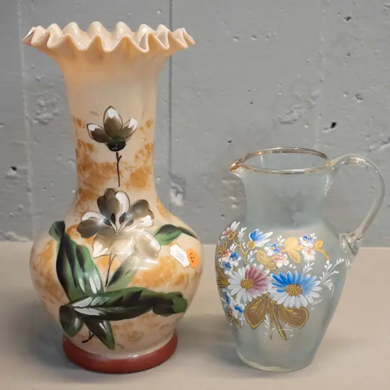 2 vintage hand-decorated glass items - vase H-240 and jug