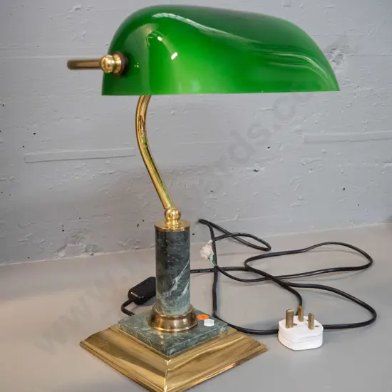 banker's lamp with green glass shade, faux marble and brass-finish metal base. Has English plug - untested