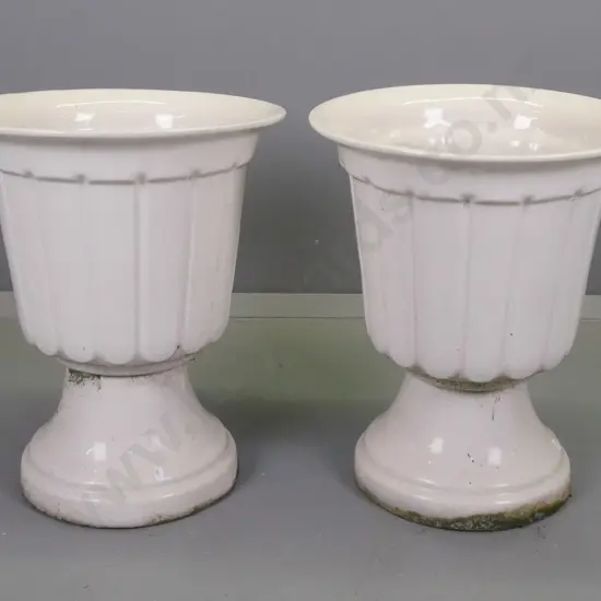 pair 2-piece McSkimmings pottery garden urns with fluted tops on separate pedestal base, H-520 D-430 at top