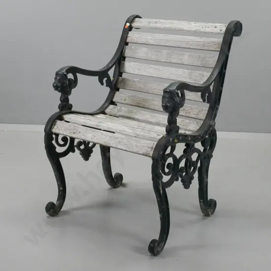 vintage cast iron ended timber slat outdoor chair with lion's head arms - very wobbly, needs bracing H-820 W-580 D-500