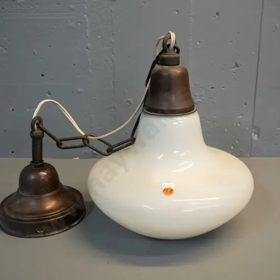 vintage deco style pendant light fitting with milk glass shade - copper finish patina, minor pitting H-300 D-260
