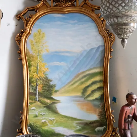 large ornate composite gilt framed oil on canvas - sheep grazing by lake Overall H-1400 W-770