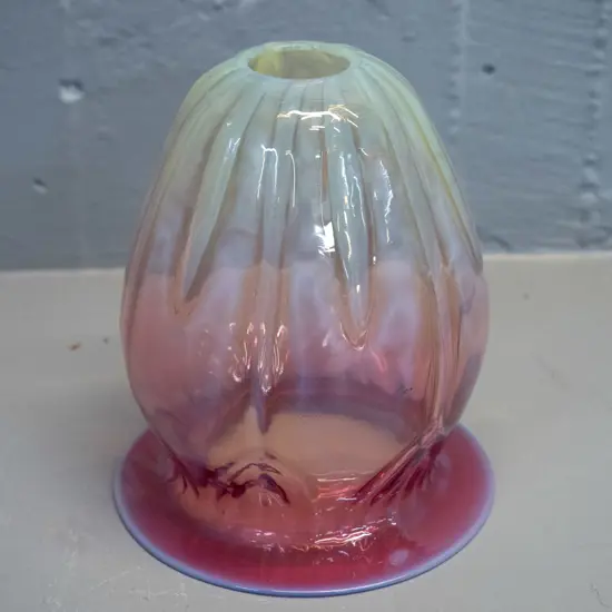 vintage lustre uranium fading to clear/cranberry glass light shade (top end glows under UV) H-140 D-120 at frilled rim