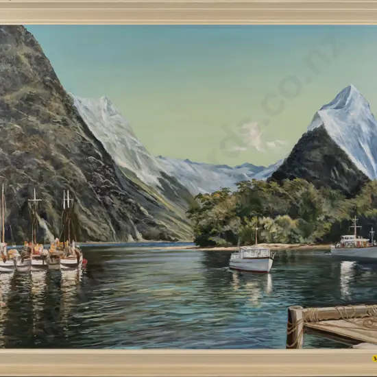 DE Davidson - 1979 framed oil "The Anchorage Milford Sound" H-660 W-880
