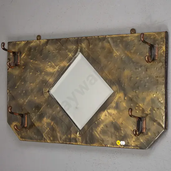 vintage pressed copper wall mounted coat hooks with bevelled mirror (slight wear to metal) H - 360 W - 640