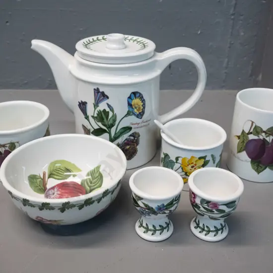 Portmeirion items - Botanic Garden teapot H165, sugar bowl & 2 egg cups and 3 pieces Pomona bowl and 2 canisters