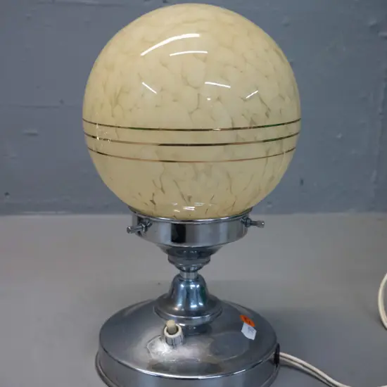 deco chrome table lamp with gilt striped mottled gold glass ball shade H-280 Shade D-160