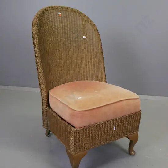 gold painted Lusty's Lloyd Loom style chair with lift off upholstered seat - fading to fabric, some wear to bottom of
