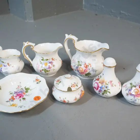 assorted Crown Derby Posies small china items - 3 graduated jugs, salt & pepper, pin dish, small pot. Tallest jug H-100