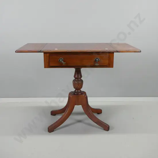 reproduction mahogany drop-side sofa table with drawer, on turned pedestal base w/4 fluted legs - wear to polish on top.