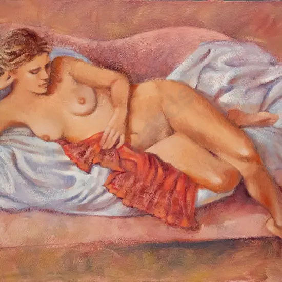 Pauline Adair - unframed oil on board "Emma's Red Dress" H - 410 W - 650